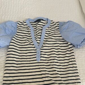 Veronica Beard Striped Shirt with Light Blue Sleeves